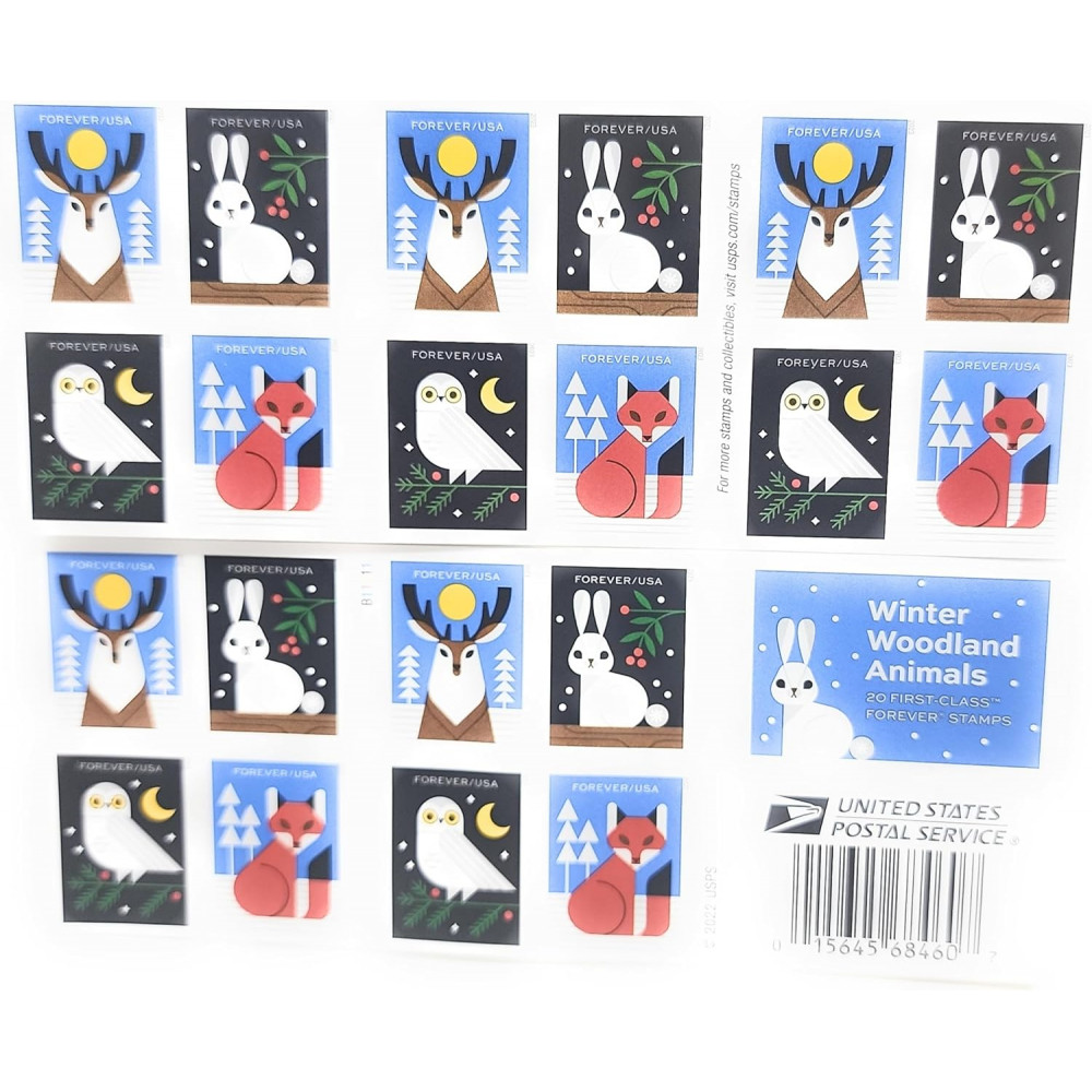 2023 Winter Woodland Animals Forever Postage Stamps (a Deer. Fox. Rabbit. and Owl